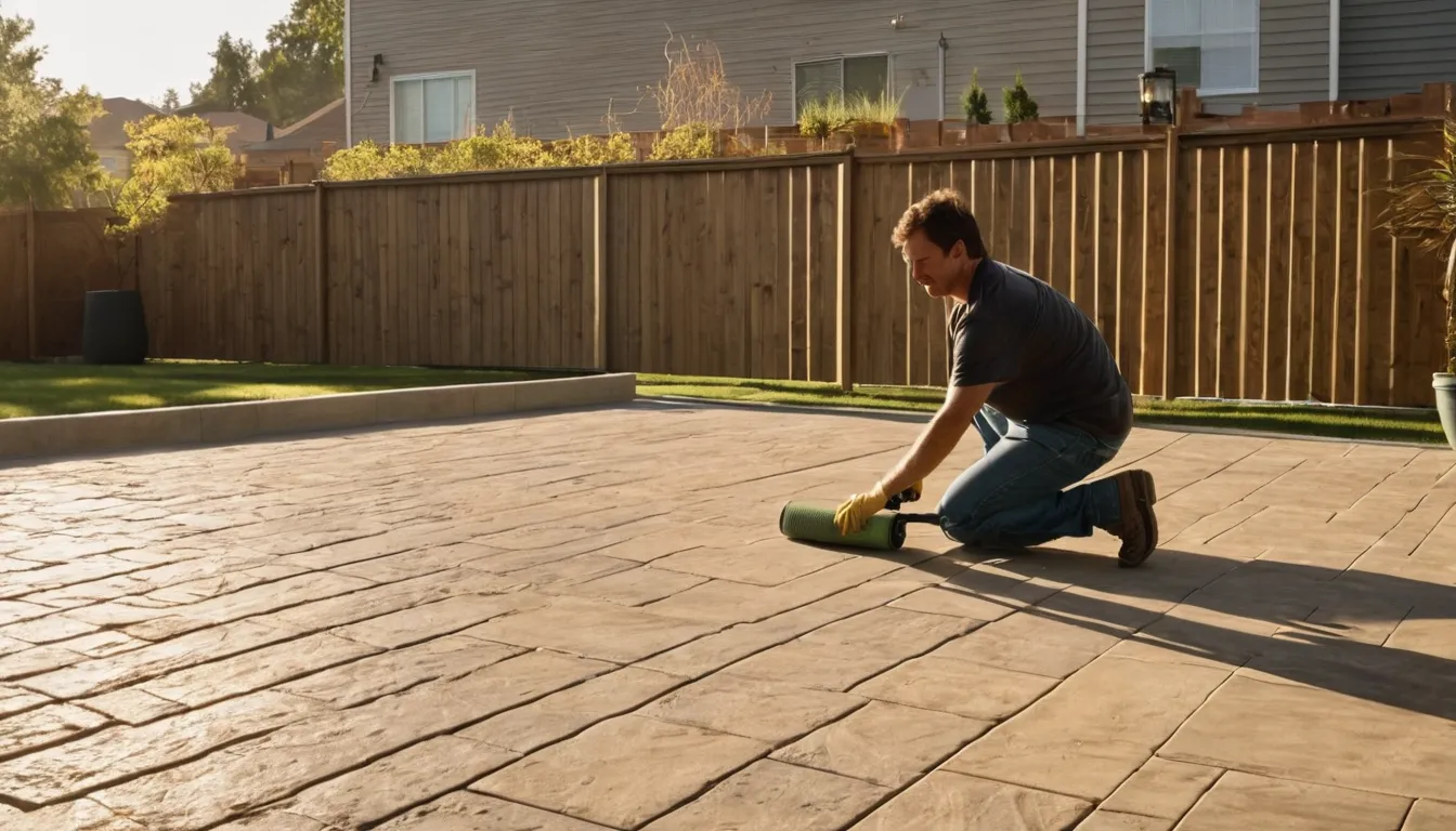Homeowner checking a sealed concrete patio in the St. Paul area