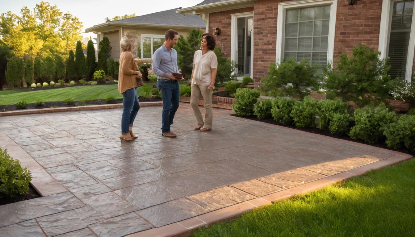 Newly stamped concrete patio with a slate pattern behind a home in the St. Paul area